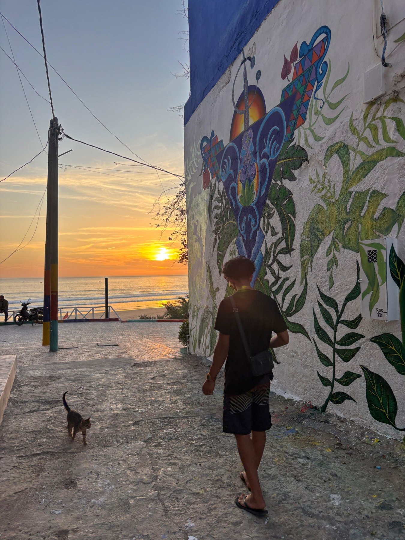 Walking through a colourful Taghazout lane at sunset